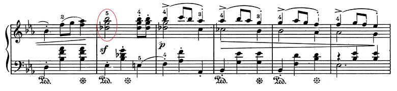 ショパン「ワルツ第1番『華麗なる大円舞曲』変ホ長調Op.18」7小節目からのピアノ楽譜