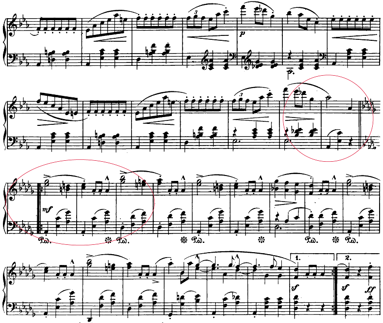 ショパン「ワルツ第1番『華麗なる大円舞曲』変ホ長調Op.18」テーマ転換の部分のピアノ楽譜